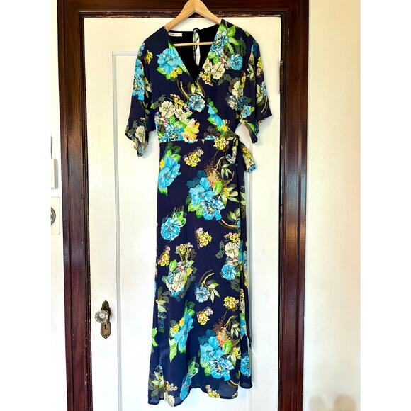 ROAM Navy Blue Rayon Floral Wrap Maxi Dress— Size Medium - Picture 1 of 3